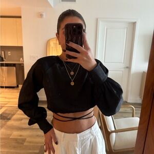 Rumored Black Silky Open Back Long Sleeve Crop Top